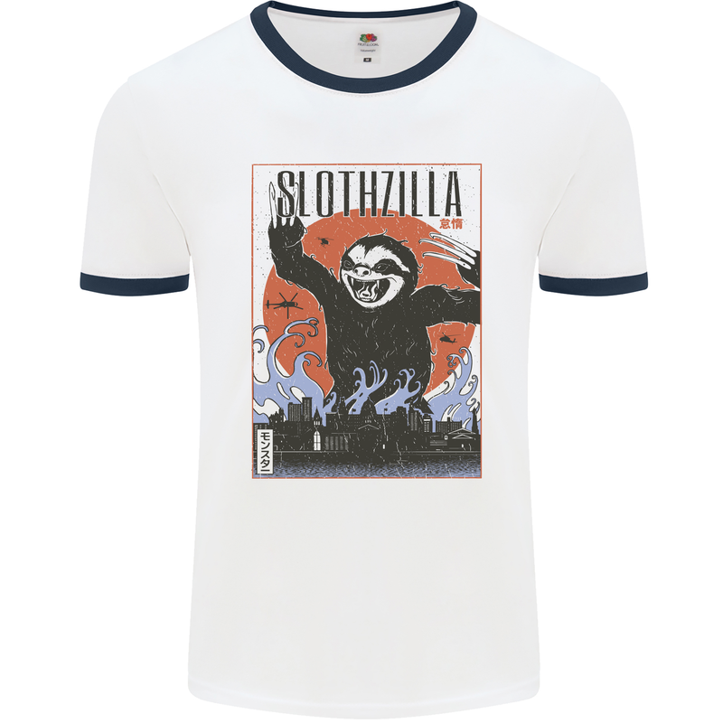 Slothzilla Funny Sloth Parody Mens Ringer T-Shirt White/Navy Blue