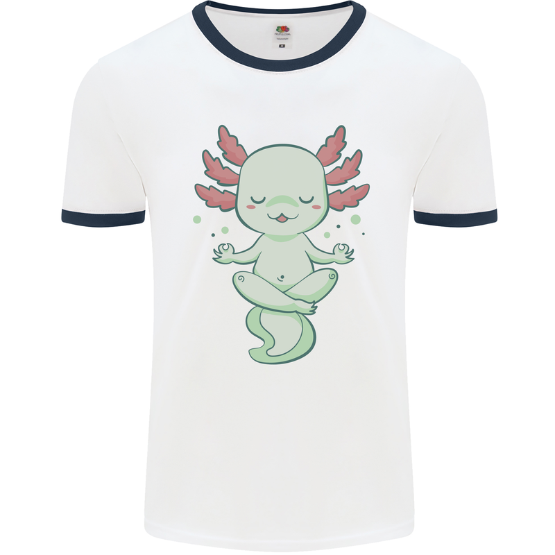 Meditating Axolot Yoga Spiritual Mens Ringer T-Shirt White/Navy Blue