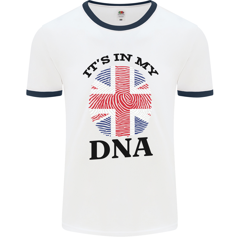 Britain Its in My DNA Funny Union Jack Flag Mens White Ringer T-Shirt White/Navy Blue