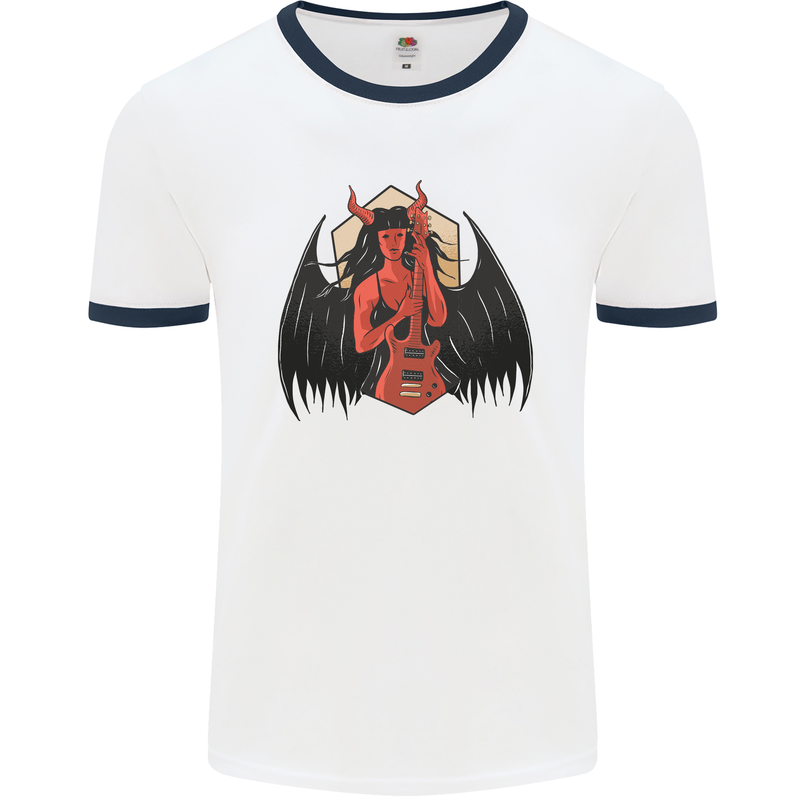 Devil Woman Guitar Death Heavy Metal Rock Mens White Ringer T-Shirt White/Navy Blue