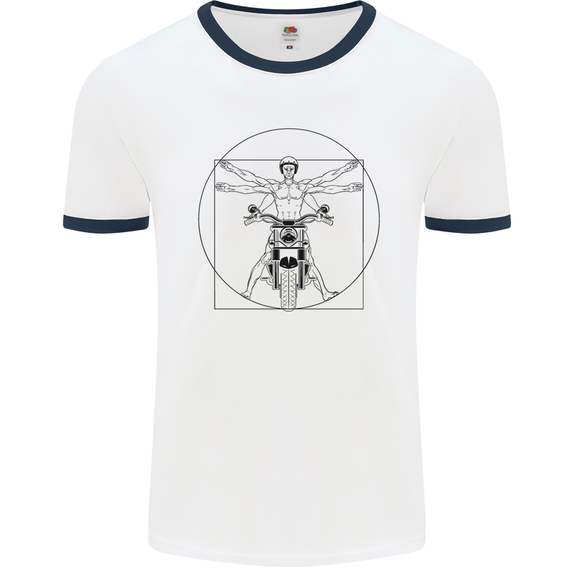 Vitruvian Biker Motorcycle Motorbike Mens White Ringer T-Shirt White/Navy Blue