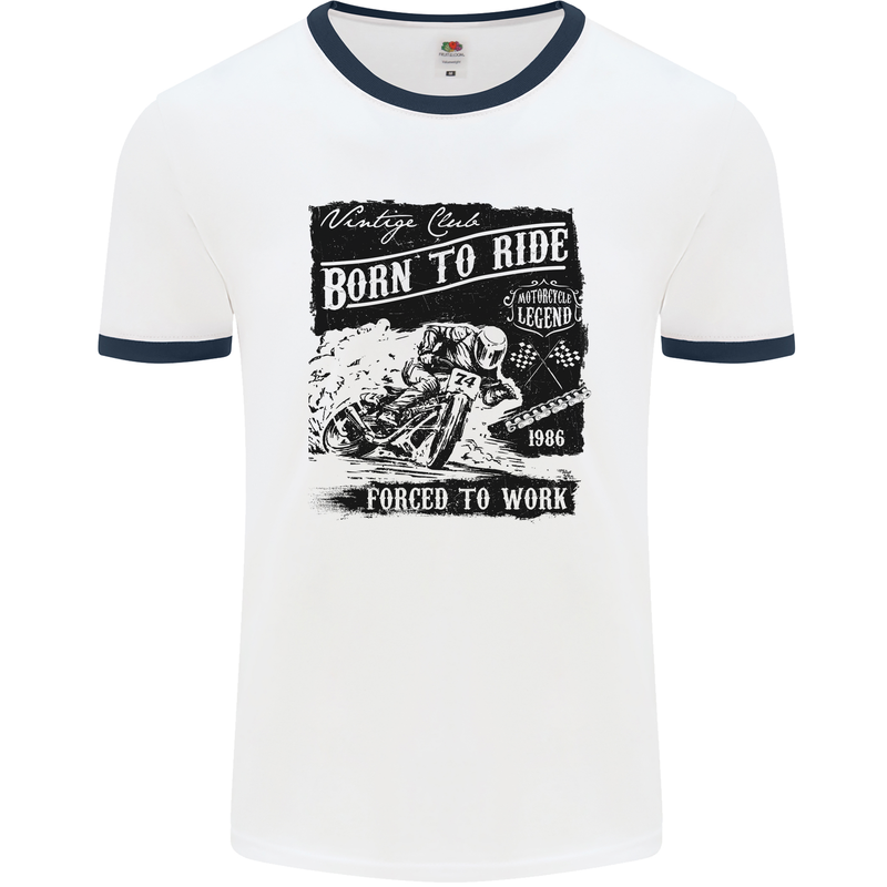 Cafe Racer Biker Motorcycle Motorbike Mens White Ringer T-Shirt White/Navy Blue