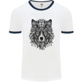 Mandala Tribal Wolf Tattoo Mens White Ringer T-Shirt White/Navy Blue