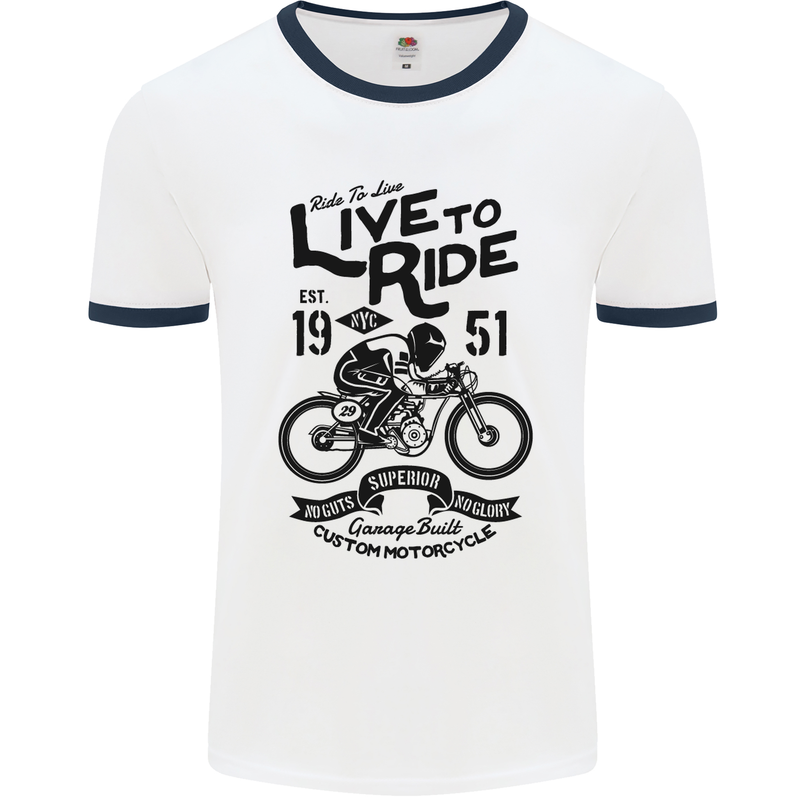 Live to Ride Motorbike Motorcycle Biker Mens White Ringer T-Shirt White/Navy Blue