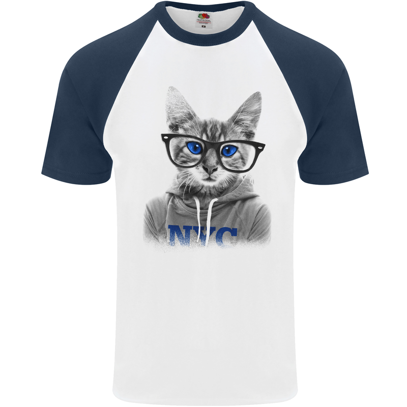 New York City Cat With Glasses Mens S/S Baseball T-Shirt White/Navy Blue