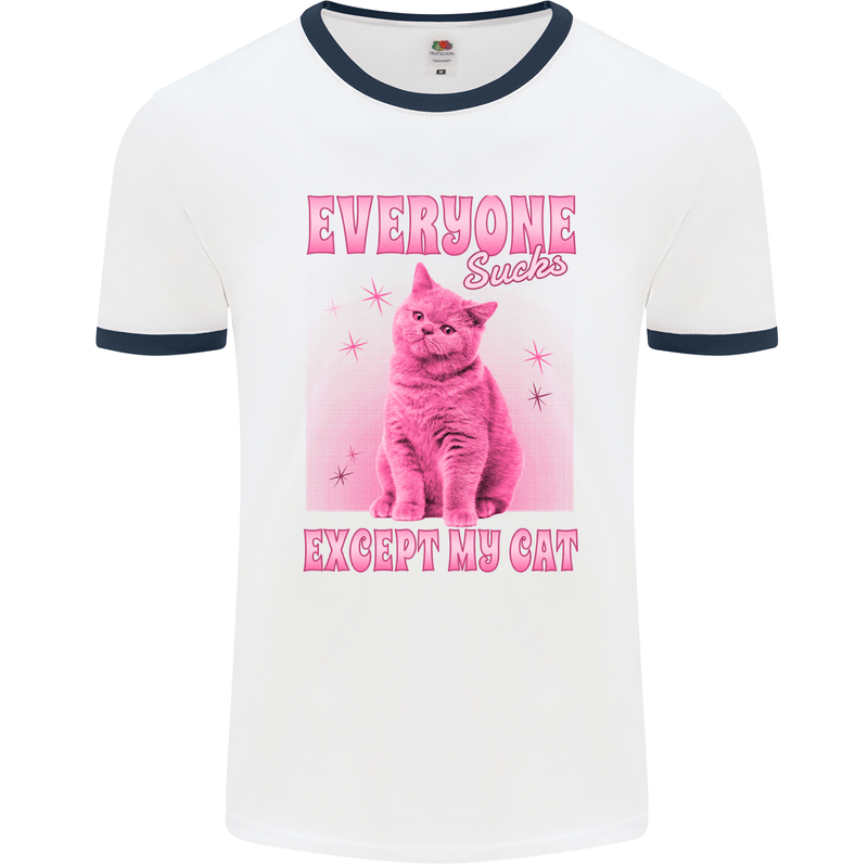Everyone Sucks Except My Cat Mens Ringer T-Shirt White/Navy Blue