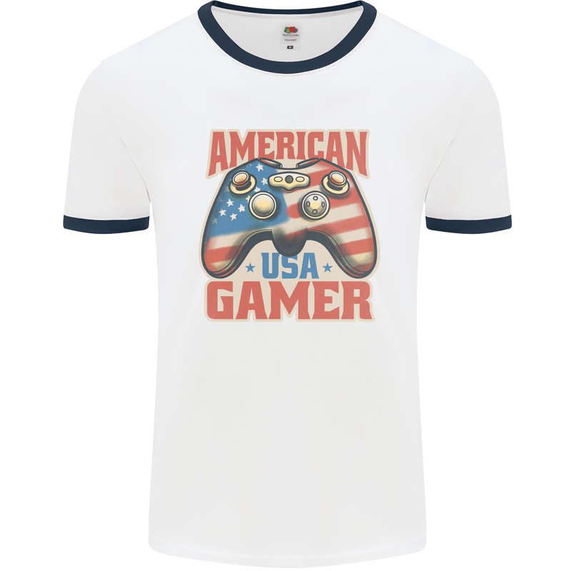 American USA Gamer Video Games Joypad Mens Ringer T-Shirt White/Navy Blue