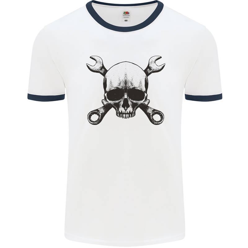 Spanner Skull Mechanic Car Biker Motorcycle Mens White Ringer T-Shirt White/Navy Blue