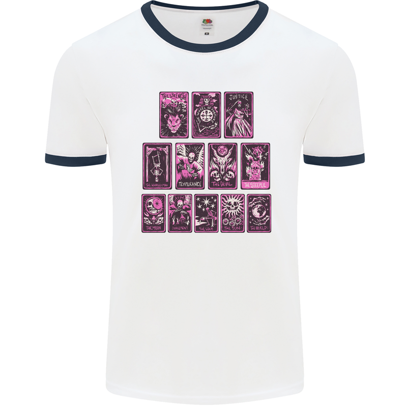 Tarot Cards Fortune Teller Skulls Mens White Ringer T-Shirt White/Navy Blue