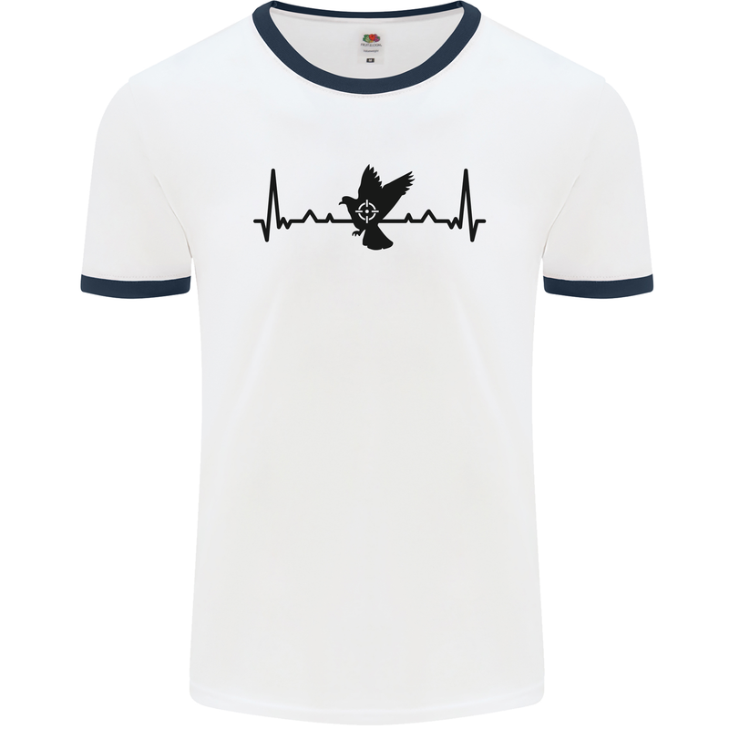 Pigeon Hunting Heart Beat ECG Hunter Mens White Ringer T-Shirt White/Navy Blue