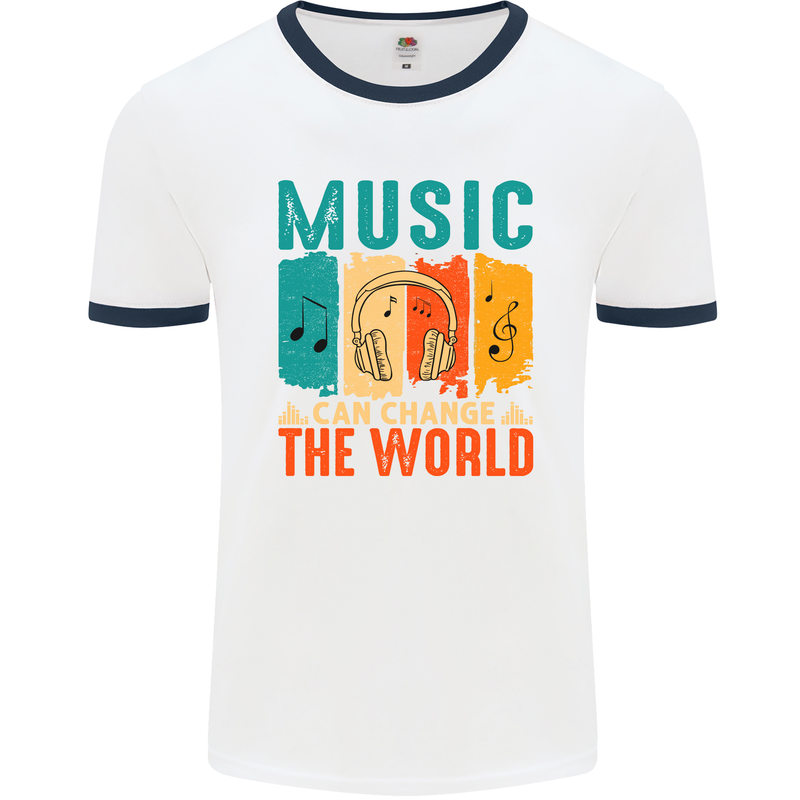 Music Can Change the World Mens Ringer T-Shirt White/Navy Blue