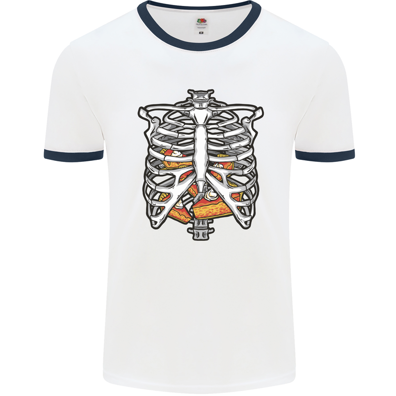 Pie Inside a Skeleton Torso Funny Food Mens White Ringer T-Shirt White/Navy Blue