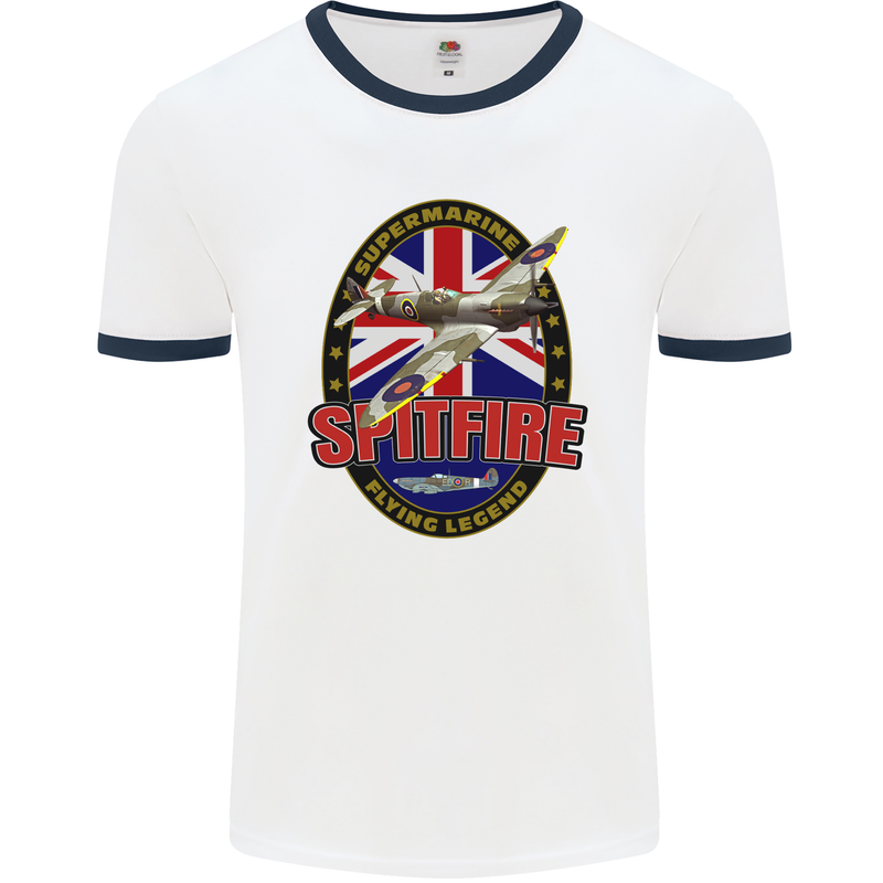 Supermarine Spitfire Flying Legend Mens White Ringer T-Shirt White/Navy Blue