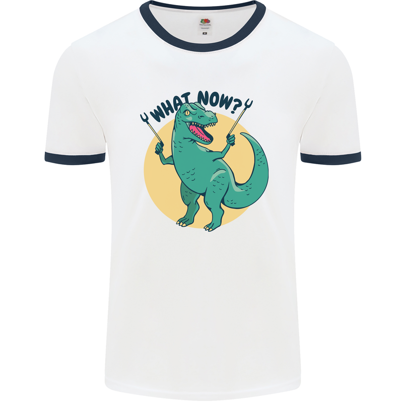 T-Rex What Now Funny Dinosaur Mens White Ringer T-Shirt White/Navy Blue