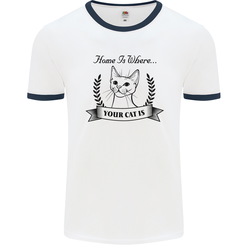 Home Is Where Your Cat Is Funny Kitten Mens White Ringer T-Shirt White/Navy Blue