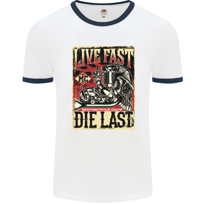 Live Fast Motorcycle Motorbike Biker Chopper Mens White Ringer T-Shirt White/Navy Blue