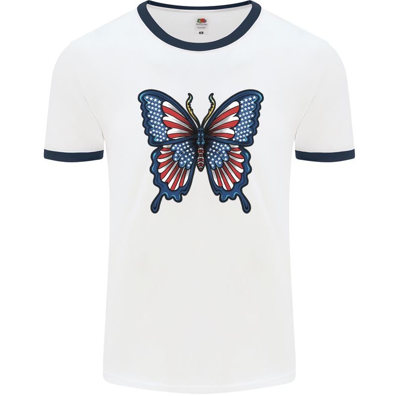 American Butterfly Flag USA July 4th Mens White Ringer T-Shirt White/Navy Blue