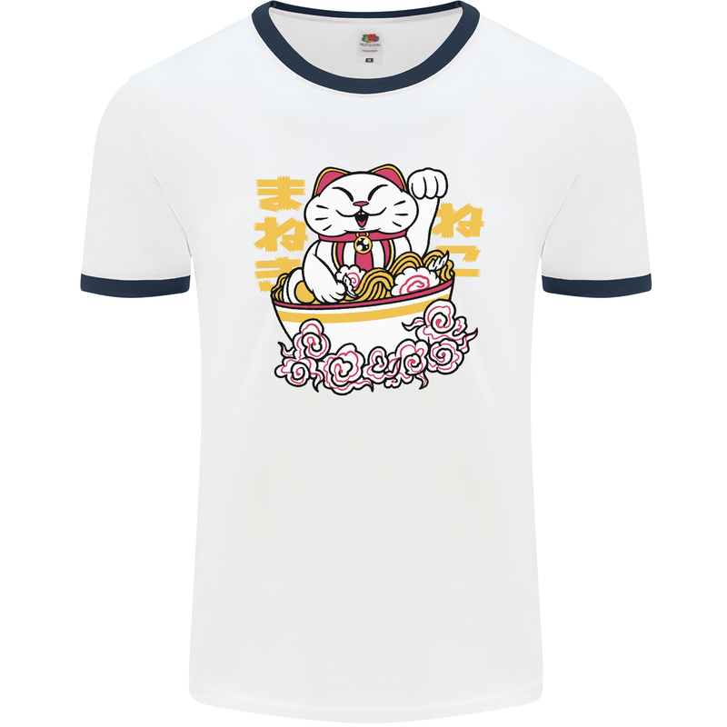 Ramen Lucky Cat Mens White Ringer T-Shirt White/Navy Blue