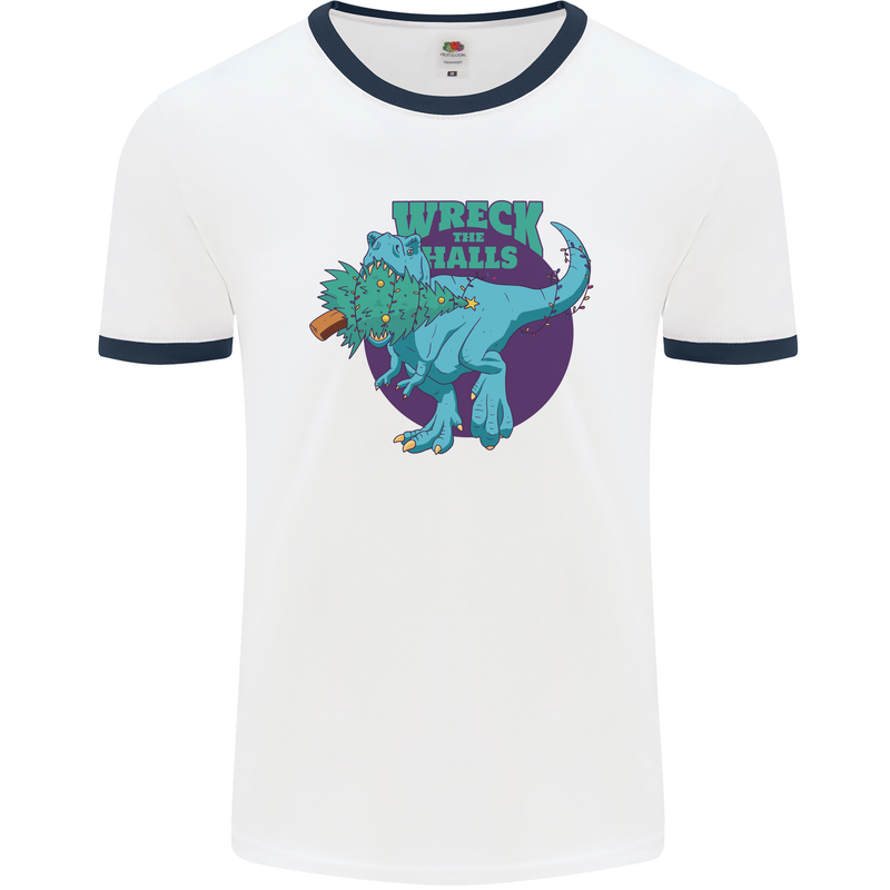 T-Rex Ruining Christmas Wreck the Halls Mens White Ringer T-Shirt White/Navy Blue