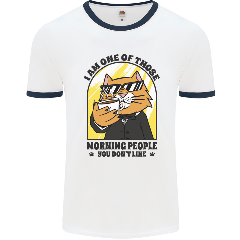 Cats I'm One of Those Morning People Funny Mens White Ringer T-Shirt White/Navy Blue