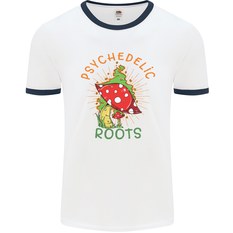 Psychedelic Roots Magic Mushrooms LSD Hippy Mens Ringer T-Shirt White/Navy Blue