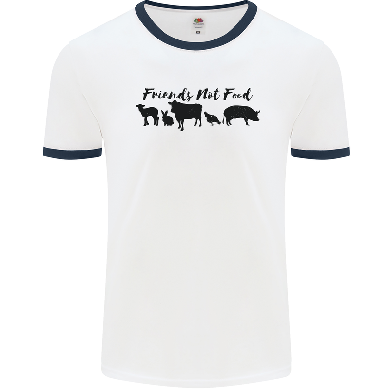 Vegetarian Animals Friends Not Food Vegan Mens White Ringer T-Shirt White/Navy Blue