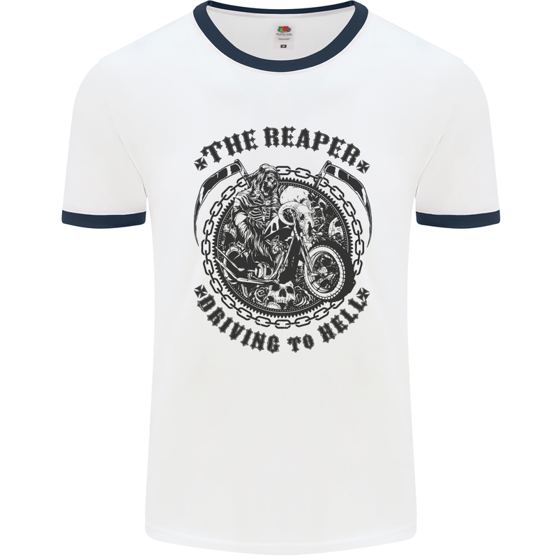 Grim Reaper Motorbike Motorcycle Biker Mens White Ringer T-Shirt White/Navy Blue