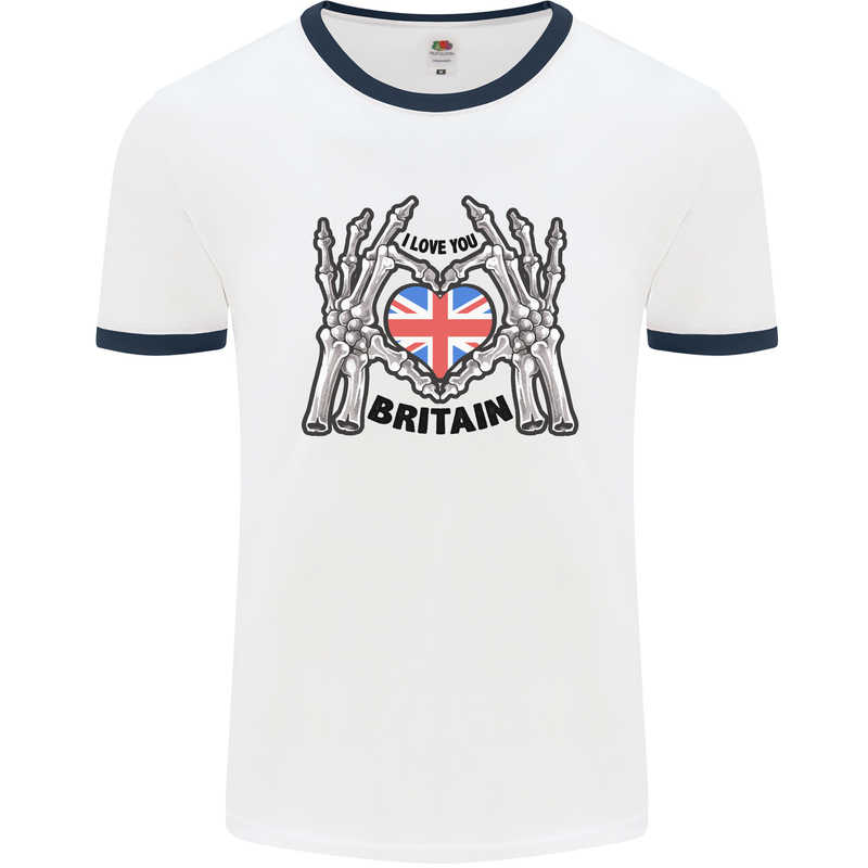 I Love You Great Britain Union Jack Flag UK Mens White Ringer T-Shirt White/Navy Blue