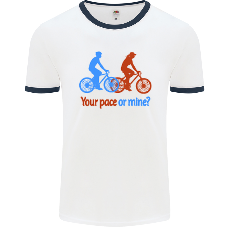 Your Pace or Mine Funny Cycling Cyclist Mens White Ringer T-Shirt White/Navy Blue