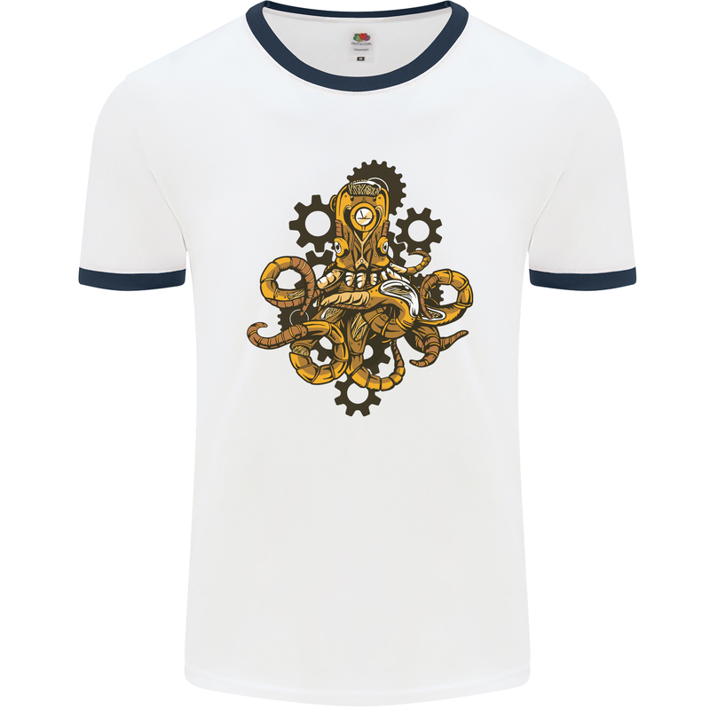 Steampunk Octopus Scuba Diving Cthulhu Mens Ringer T-Shirt White/Navy Blue