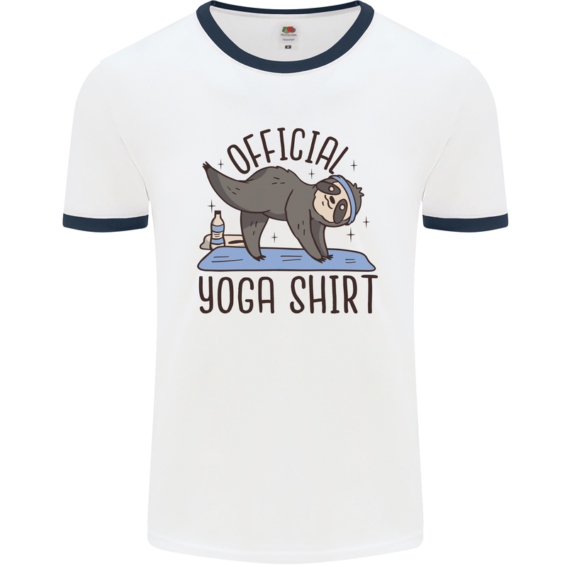 Funny Sloth Yoga Mens Ringer T-Shirt White/Navy Blue