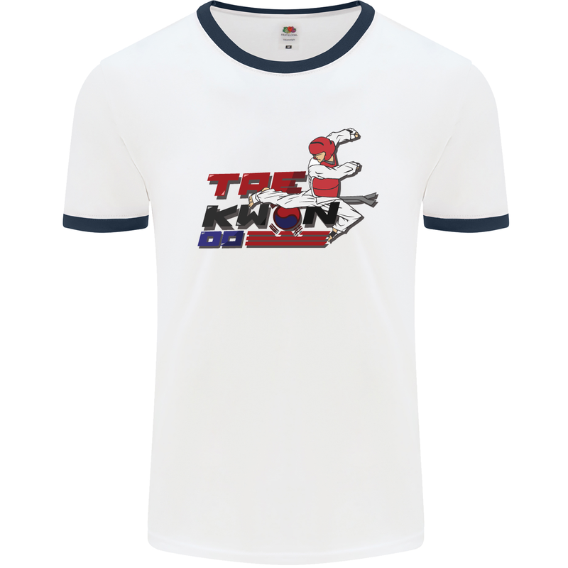 Taekwondo Fighter Mixed Martial Arts MMA Mens White Ringer T-Shirt White/Navy Blue