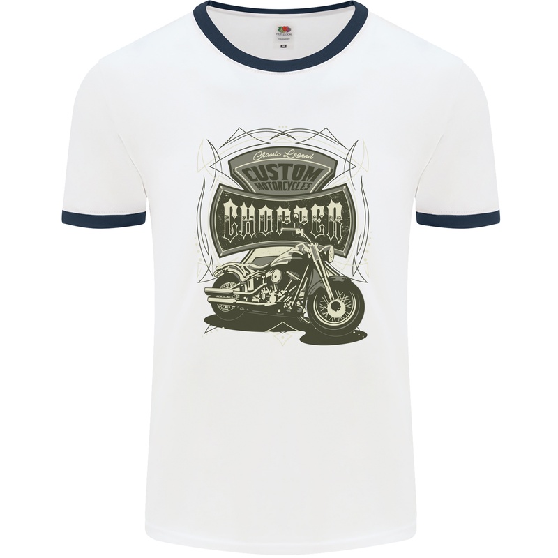 Custom Motorcycles Choppers Biker Motorbike Mens White Ringer T-Shirt White/Navy Blue