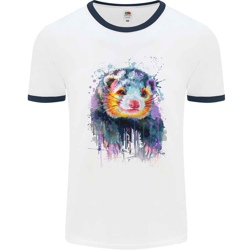 A Ferret Watercolour Mens White Ringer T-Shirt White/Navy Blue