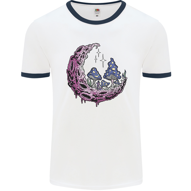 Trippy Magic Mushroom Moon LSD Psychedelic Mens Ringer T-Shirt White/Navy Blue