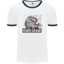 Funny T-Rex Mardi Gras Grawr Dinosaur Mens White Ringer T-Shirt White/Navy Blue