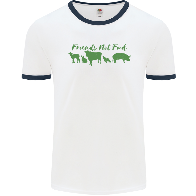 Animals Are Friends Not Food Vegan Mens White Ringer T-Shirt White/Navy Blue