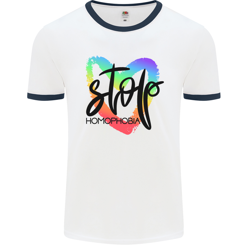 Stop Homophobia Gay Pride Day Awareness Mens White Ringer T-Shirt White/Navy Blue