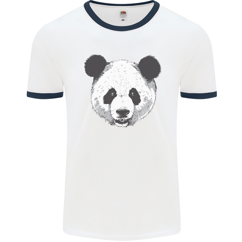 A Panda Bear Face Mens White Ringer T-Shirt White/Navy Blue