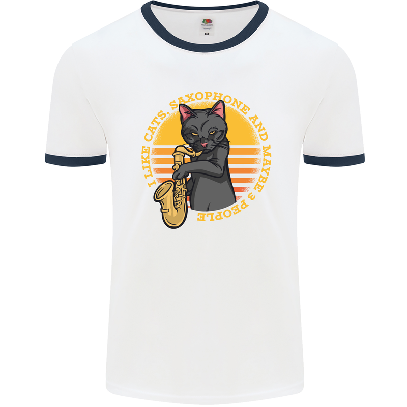 I Like Cats, Saxophones & Maybe 3 People Mens White Ringer T-Shirt White/Navy Blue