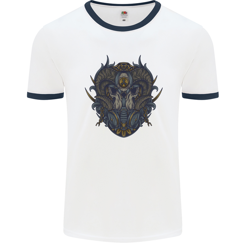 Ram Skull With Respirator Mens White Ringer T-Shirt White/Navy Blue