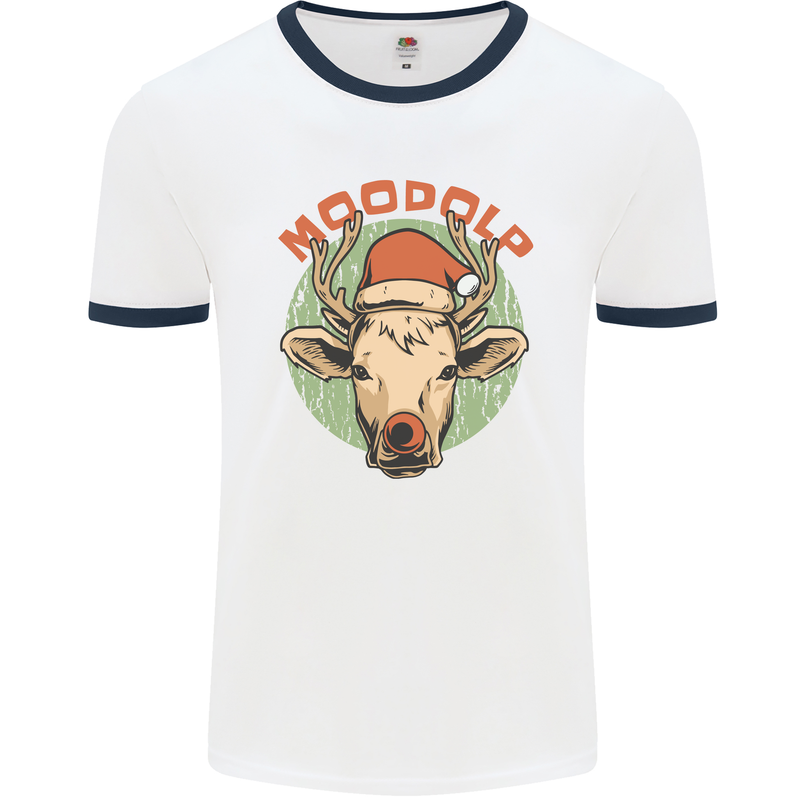 Moodolf Funny Rudolf Christmas Cow Mens Ringer T-Shirt White/Navy Blue