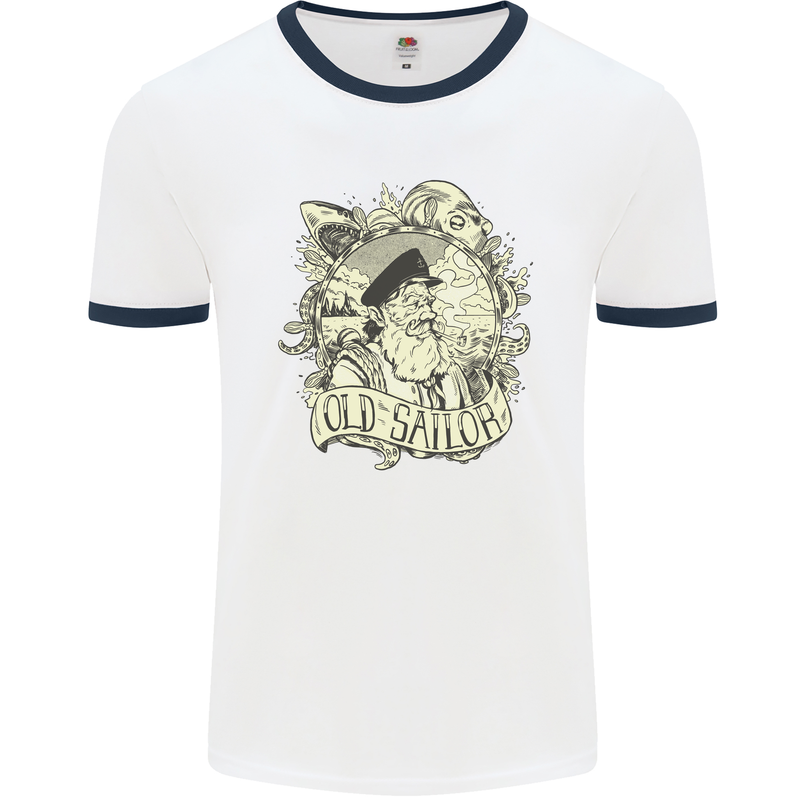 Old Sailor Octopus White Shark Captain Mens White Ringer T-Shirt White/Navy Blue