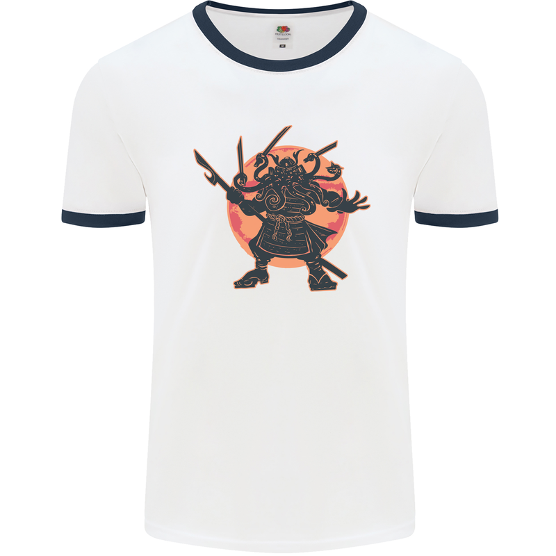 Samurai Cthulhu Kraken Mens White Ringer T-Shirt White/Navy Blue