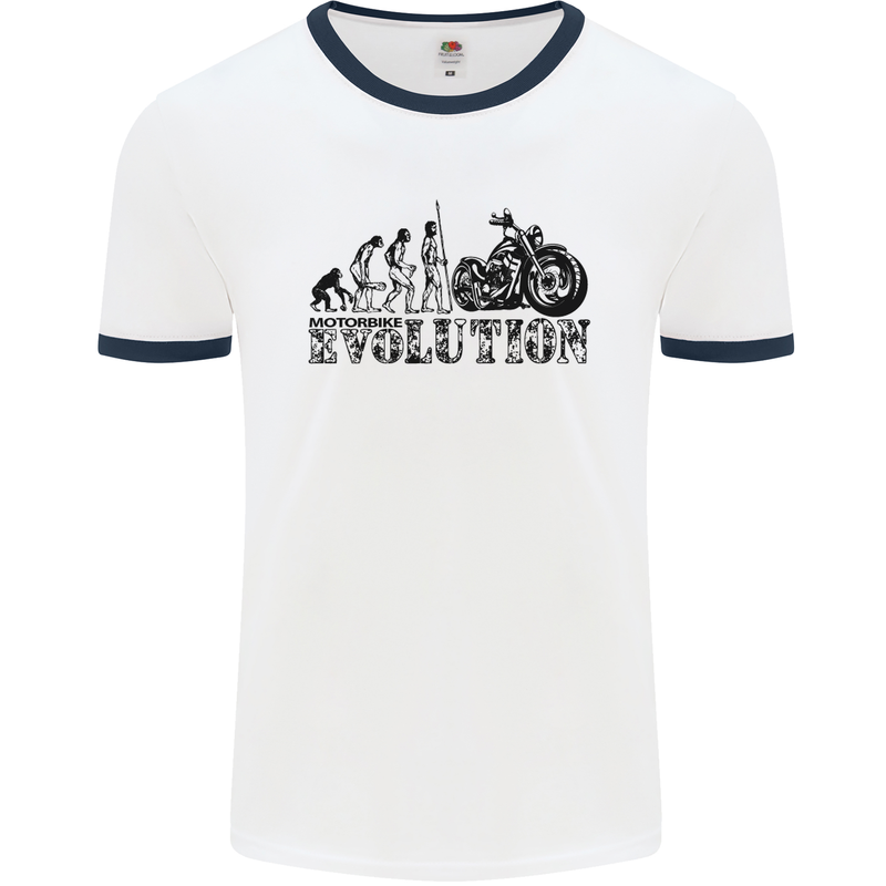 Evolution of Motorcycle Motorbike Biker Mens White Ringer T-Shirt White/Navy Blue