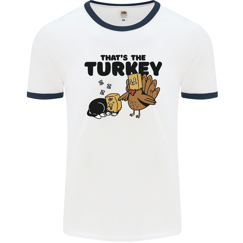 Thanks Giving Christmas Turkey Cat Mens Ringer T-Shirt White/Navy Blue