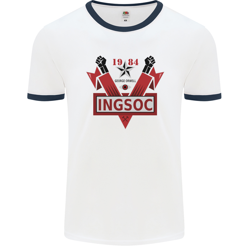 INGSOC George Orwell English Socialism 1994 Mens White Ringer T-Shirt White/Navy Blue