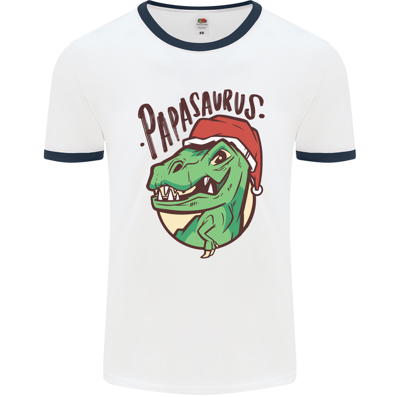 Christmas Papasaurus T-Rex Dinosaur Mens White Ringer T-Shirt White/Navy Blue