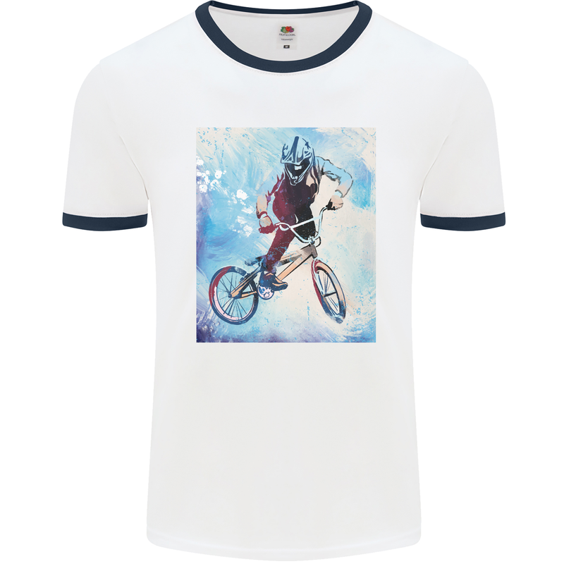 A Cool BMX Design Mens Ringer T-Shirt White/Navy Blue