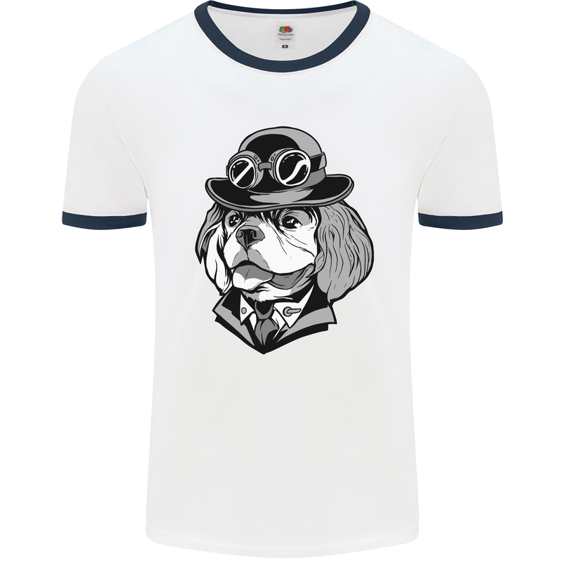 Steampunk King Charles Spaniel Cavelier Mens White Ringer T-Shirt White/Navy Blue